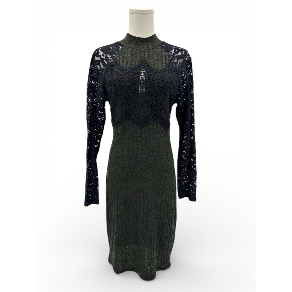 VENUS Bodycon Sweater Dress Womens M Olive Black Lace Sleeve Mock Neck Stretch‎
